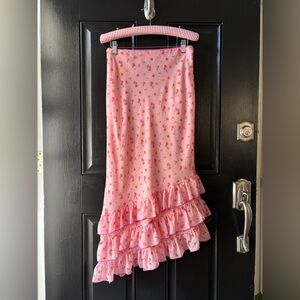 Kimchi Blue Pink Floral Asymmetrical Tiered Ruffle Skirt Size M